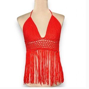 NWT Forever 21 Crochet Halter Top Fringe Red Bohemian Women's Size Small